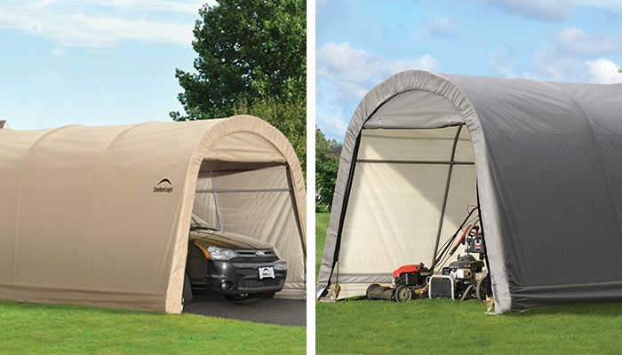 a portable shed and garage side by side.
