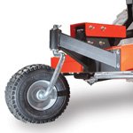 Adjustable height anti-scalping wheel on a DR PTO fenceline trimmer