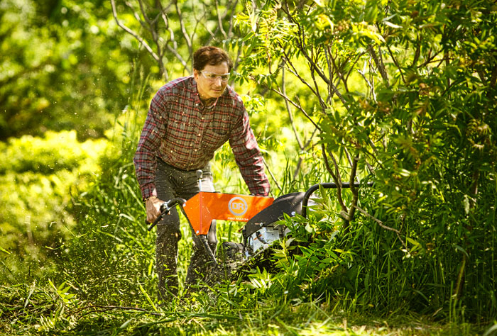 A man uses a DR Field & Brish mower to mow sumak saplings