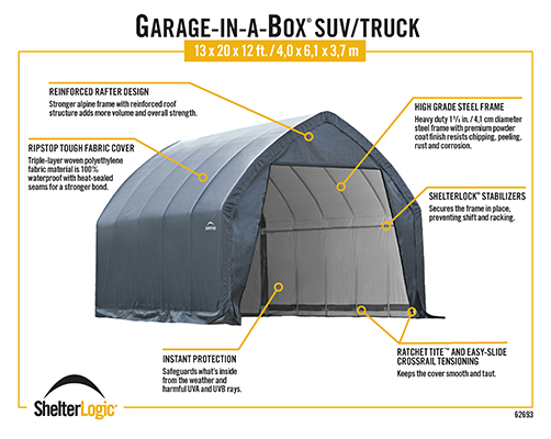 ShelterLogic Garage-in-a-Box® | 20 x #62693 13 Power DR Portable Garage | ft. | Equipment