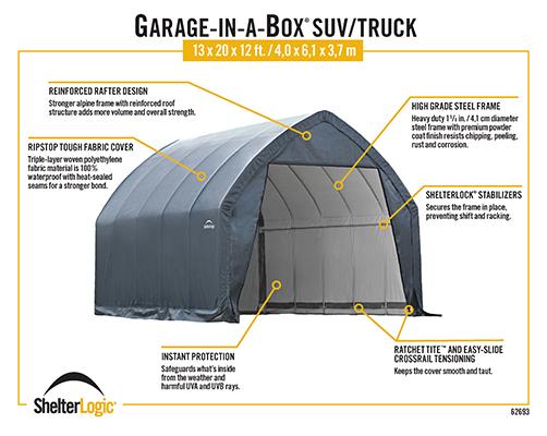 ShelterLogic Garage-in-a-Box® | 13 x ft. Portable #62693 Power | 20 Equipment | Garage DR