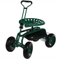 Sunnydaze Rolling Garden Work Seat With Extendable Steering Handle And Basket
