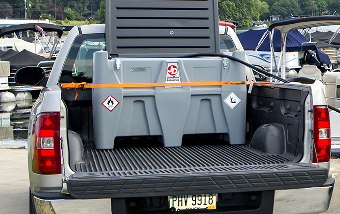 Fuel tank in truck bed.