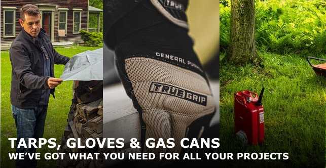 Shop tarps, gloves and gas cans