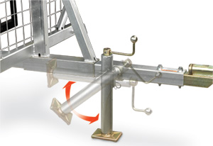 Pivoting jack stand on a DR ATV dump trailer