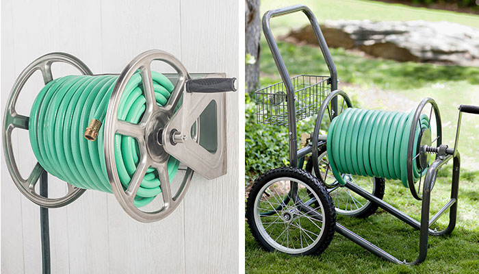 wall mounted and wheeled hose storage