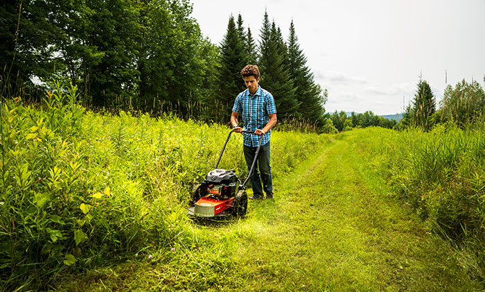 A man uses a trimmer mower to cut down overgrown grass